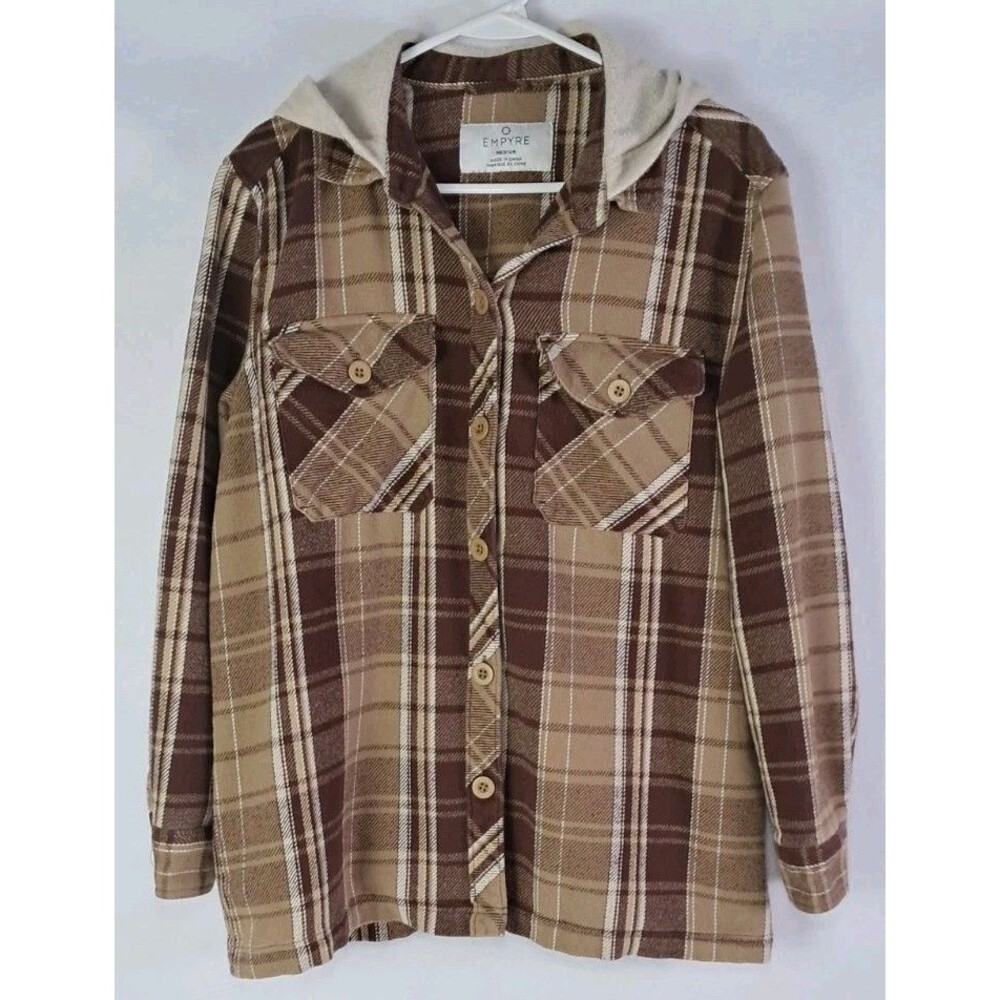 Empyre Mens Medium Plaid Hooded Button Up Jacket Shacket Brown White - Picture 1 of 6